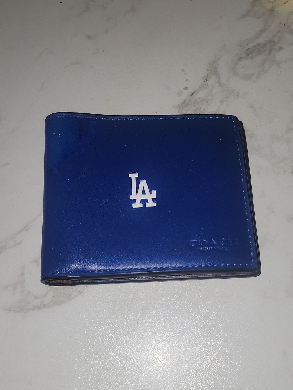Coach Blue Leather Bifold Wallet with LA Dodgers Logo